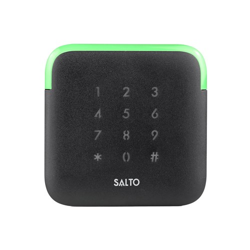 SALTO wall reader MIFARE DESFire + Bluetooth LE + HSE + KEYPAD. For European standard. Square conical shape.