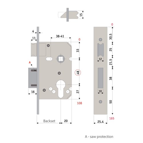 PROTECTOR 748 Series Euro Cylinder Mortice Sash Lock Pitch 48mm Backset 58mm Satin Stainless Steel - 735-3.0-SSF