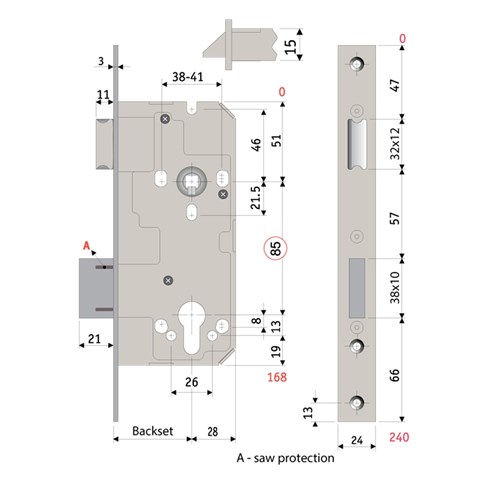 PROTECTOR 785 Series Mortice Sash Lock Pitch 85mm Backset 45mm Satin Brass - 785-45-SBF